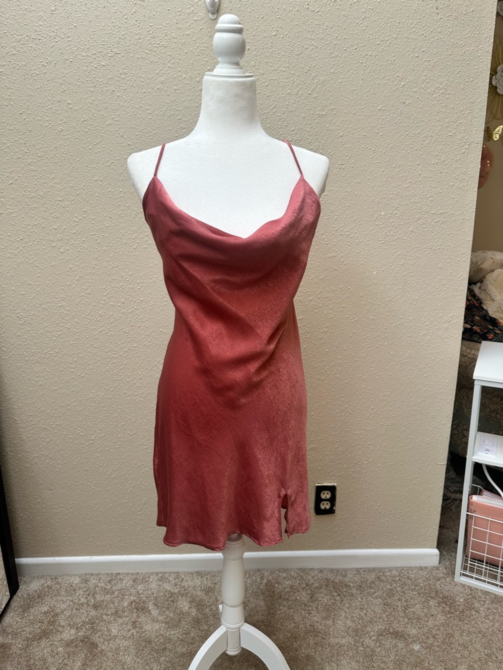 Vintage Y2K Cowl Neck Mini Silky Satin Slip Dress Rose Mauve Pink Large/XL